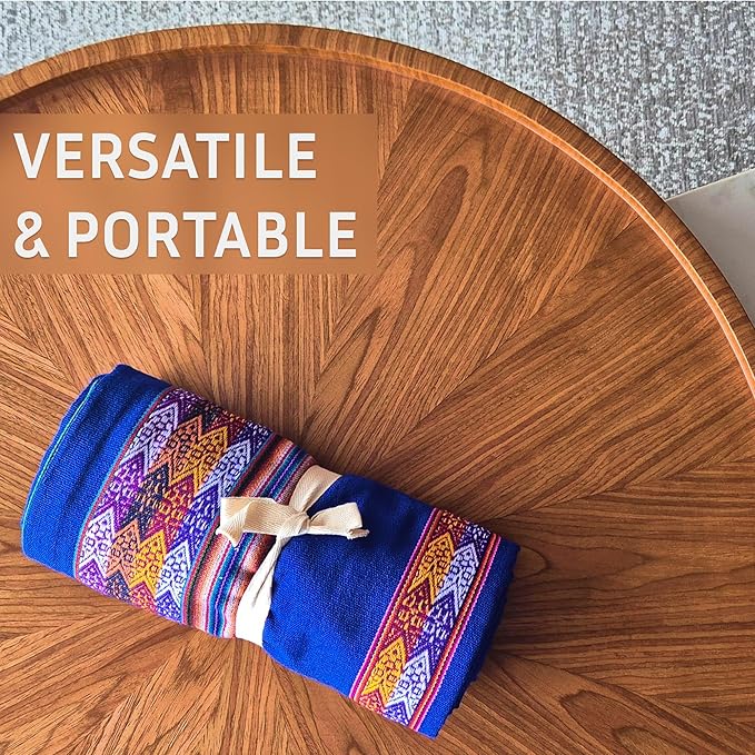 Lucio Fabrics Unique Native Peruvian Throw - Vibrant Colors Lightweight Durable - HomeYoga BeachCampingPicnicOutdoor Activities Thin Blanket 70'' x 47'' (Blue Mountain Loom)