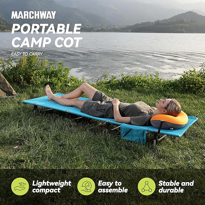 MARCHWAY Lightweight Folding Tent Camping Cot Bed with Lever Lock Easy Setup Portable Compact for Outdoor Travel Hunting Hiking Motorcycling Support 330Lbs (Blue)