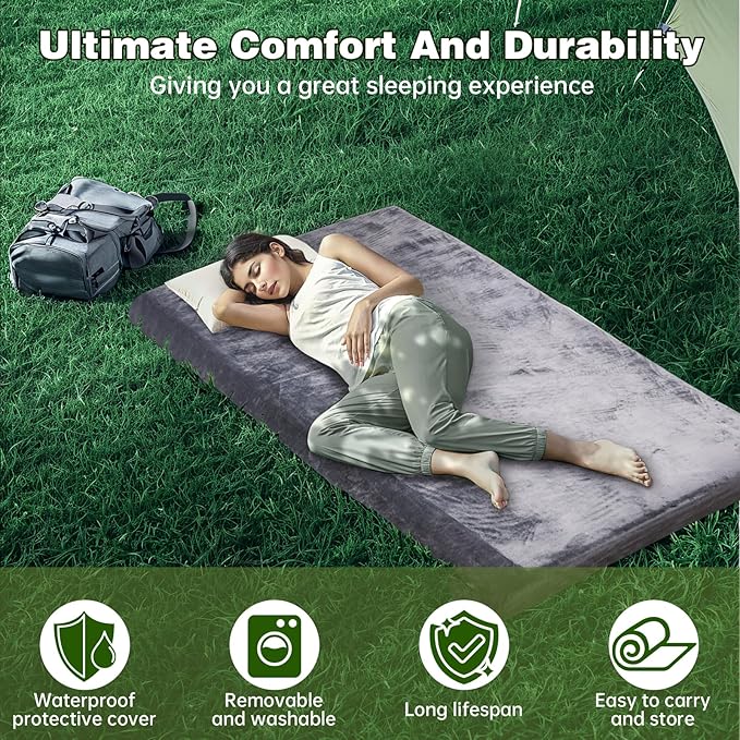 Memory Foam Camping Mattress pad3 Inch Thick Floor Sleeping Mat Pad for Adults with Waterproof and Non-Slip Bottom Portable Roll Up Mattress for Sleepover Guest