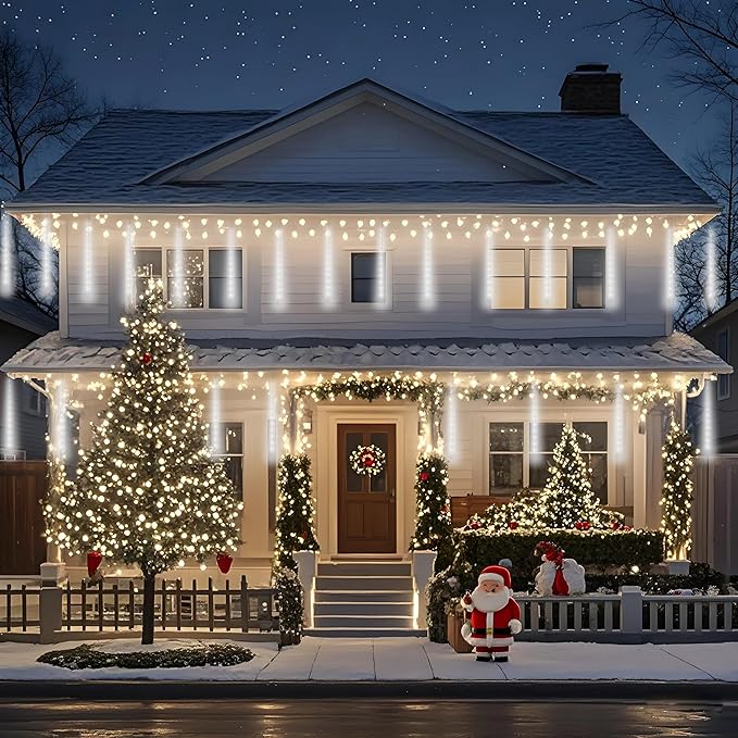 Aukora White Christmas Lights Outdoor UL Plug 24 Tubes 576 LEDs Meteor Shower Light Tandemable Icicle Snow Falling Rain Light for Xmas Tree Halloween Decorations Wedding Party Holiday Garden Decor