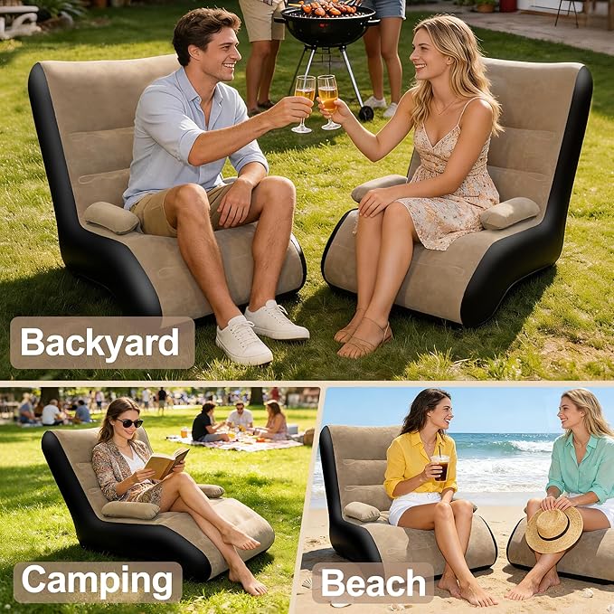 FluSing Inflatable Couch for Camping Blow Up Couch for Adults with Armrest Waterproof Flocked Surface Inflatable Sofa Bed Indoor Portable Inflatable Chairs for Movie Night Air Sofa Outdoor | With