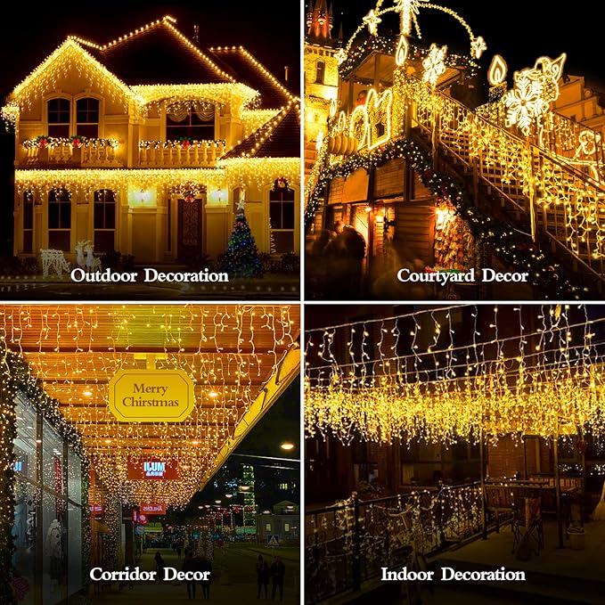 98FT 960 LED Christmas Lights Waterproof 8 Modes Ice Lights for Outside with Memory and Timer Hanging Fairy Lights Plug-in Curtain String Lights for Holiday Party Wedding Home (Warm White)