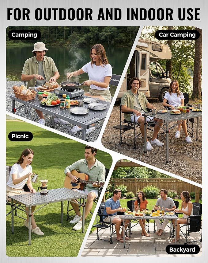 KingCamp Folding Camping Table Foldable Loads 265 Lbs 42.1× 27.6 Portable Table 3 Adjustable Height Aluminum Roll Up Camp Table with Carry Bag for Camping Picnic BBQ Backyard Indoor &amp Outdoor