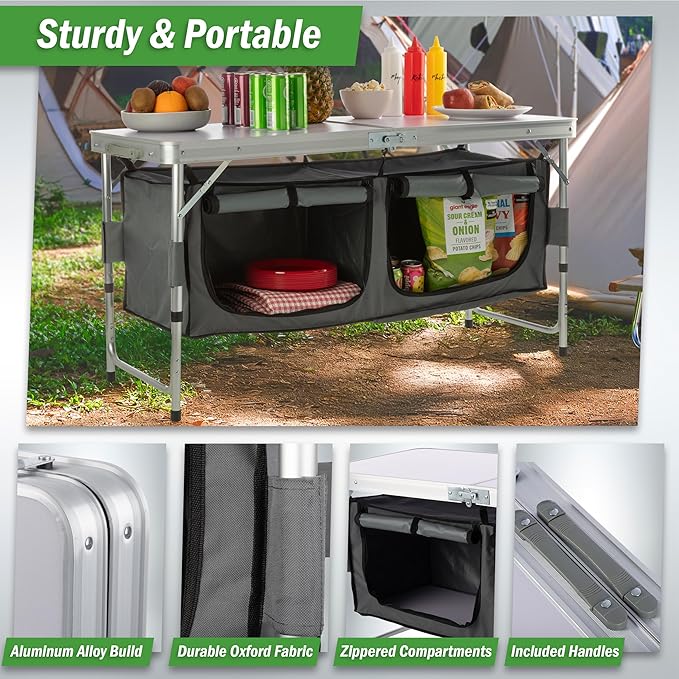 Folding Camping Table with Storage - Lightweight and Portable Aluminum Camp Table with Adjustable Height for Outdoor Travel Beach BBQ Party Picnic and Glamping by Wakeman Outdoors