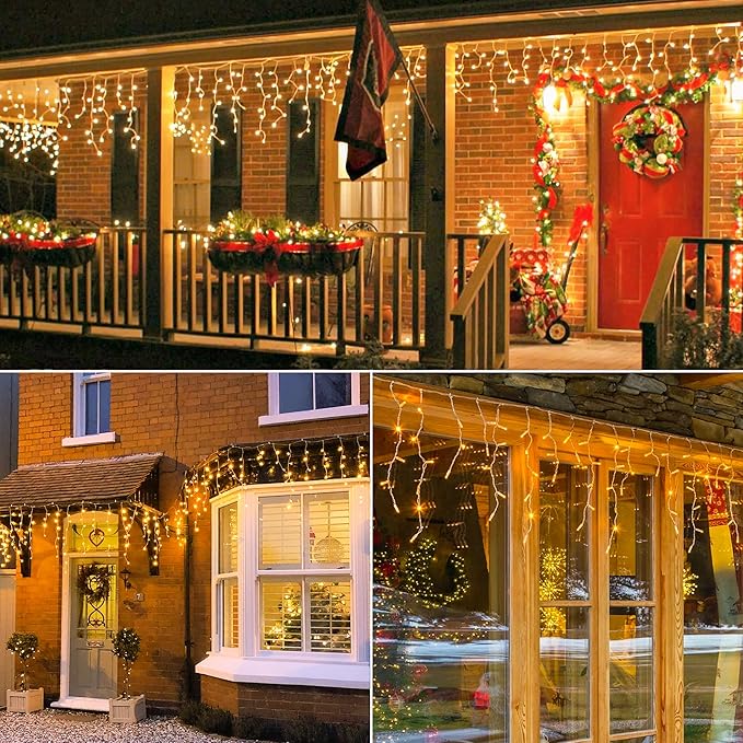 Hopolon 33FT 360L LED Christmas Icicle Lights Outdoor Waterproof8 Modes Plug in Curtain String LIghts With 60 DropsChristmas Lights for WeddingPartyBedroomHomeGardenWall Decorations(Warm White)