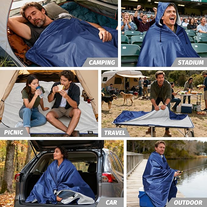 Fleece Waterproof Outdoor Blanket - Windproof Stadium Blanket for Camping Picnics and Sports Stay Dry and Comfortable 80x 58(Hoodeed Blue)
