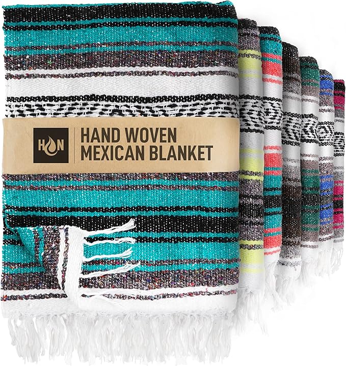 Authentic Extra Large Mexican Blanket - 70x50 Handwoven Yoga Serape Artisanal Falsa Beach Camping Picnic Outdoor Blanket (Emerald)