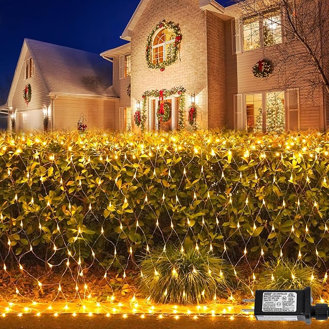 QITONG Net Lights Outdoor Mesh Lights 12ft x 5ft 360 LED Warm White Christmas Light with 8 Modes Connectable Clear Wire Bush Light Plug in