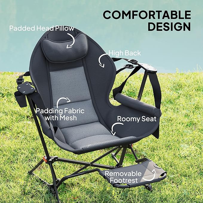 Outsunny Double Hammock Camping Chair Adjustable Back Folding Rocking Chair Swinging Hammock Chair with Cup Holder Headrest Removable Footrest Padded Seat for Travel Sports Concerts Dark Gray