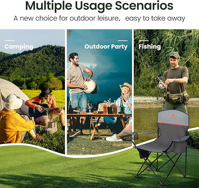 HIGH POINT SPORTS 2 Pack Portable Camping Chair for Adults Folding Outdoor Camp Chair Lightweight Lawn Chairs Folding Collapsible Chair for Camping Tailgates Beach Gray Support 250 lbs