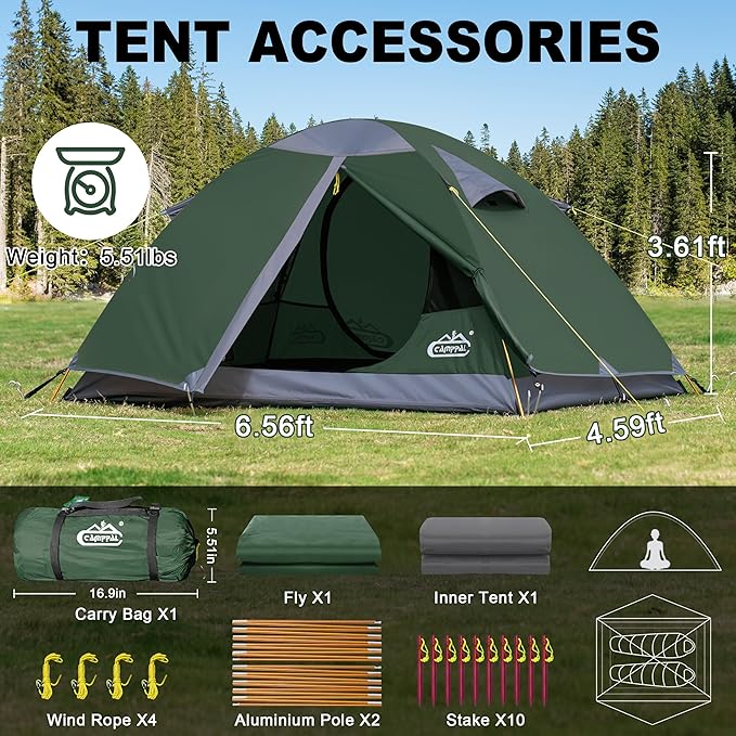 2 Person Backpacking Tent Waterproof Windproof Two Person Tent Lightweight Easy Setup 2 Man Tent for Camping Hiking Cycling