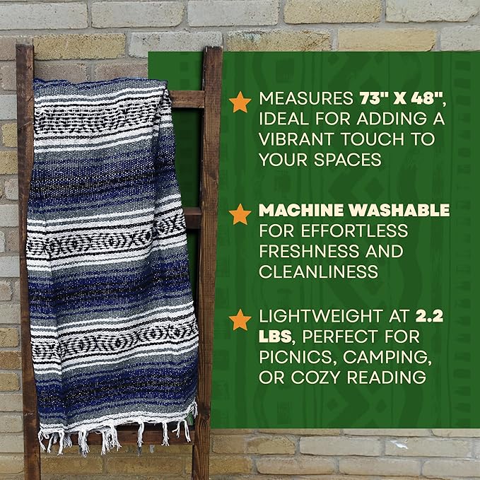 Large Mexican Blanket in Teal — Handcrafted Serape Falsa Yoga Blanket (73” x 48”) – Durable Throw for Camping Beach &amp Outdoor Use – Artisan Craft Made in Mexico from Recycled Fibers