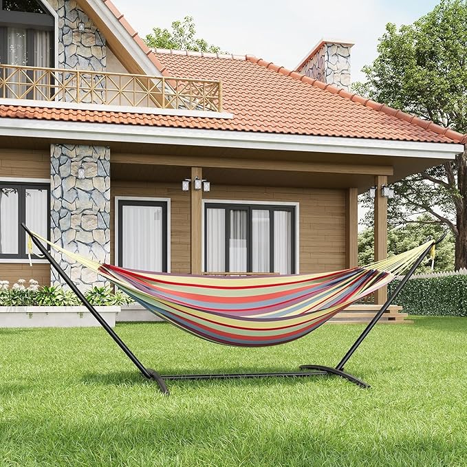 Double Hammock with Space Saving Steel Stand Included-2 Person Camping Hammock with Carry Bag Outdoor Portable Hammocks 450lb Capacity Standing Hammocks for Garden Yard(Yellow Rainbow)