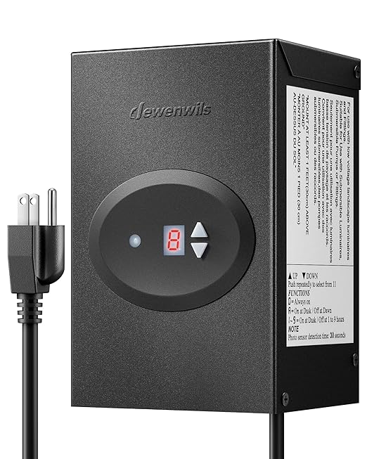 DEWENWILS 120W Low Voltage Landscape Transformer Outdoor Transformer with Timer and Photocell Sensor 120V AC to 12V AC Weatherproof for LED Lighting Spotlight Pathway Light ETL Listed