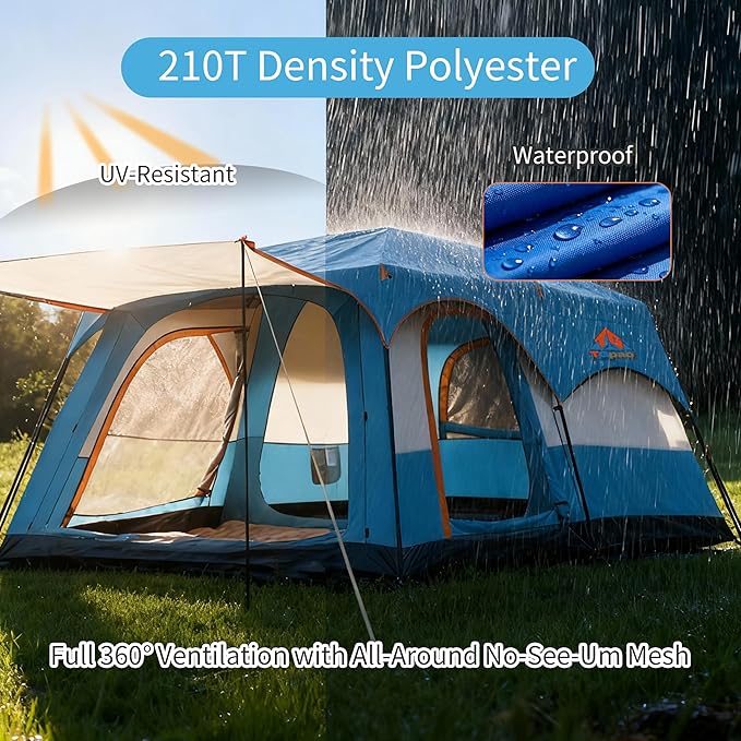 Large Family Standing Upright Camping Tent - 5-12 Persons Multi-Room Waterproof Tent with Screened Porch - Glamping Tent for Outdoor Camping &amp Family Vacation