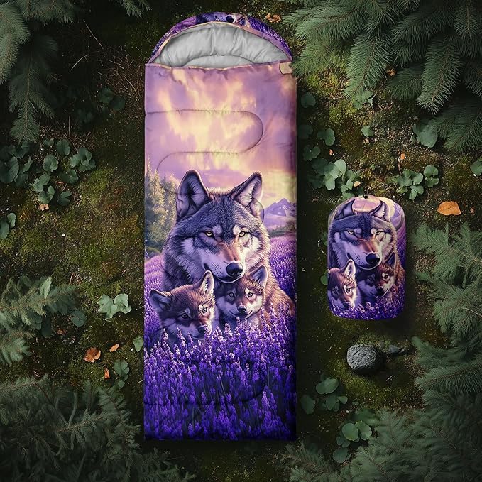 AILONEN Floral Wolf Sleeping Bag for Girls WomenWarm and Cool WeatherLightweightWaterproof BackpackingColorful Flower Animal Print Sleeping Bag for Camping