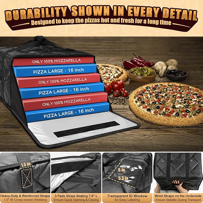 MyLifeUNIT Pizza Bag for Delivery Thermal Insulated Pizza and Food Delivery Bag 16 x 16 x 14 Pizza Warmer Bag Holds 6-7 Large 14 Pizza Boxes Hot Pizza Carrier Insulated Bags