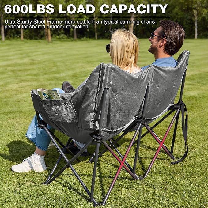 Double Camping Chair Heavy Duty Oversized Padded Loveseat for Adults 2 Person Outdoor Portable Camping Chairs for Lawn Backyard Fishing Trip Support 600lbs Grey
