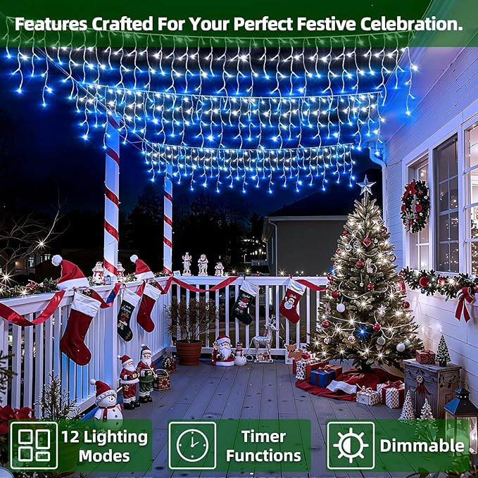 1620 LED Christmas Lights with 360Drops 164ft 12 Modes Blue and White Outdoor String Lights with Timer Dimmable Waterproof Hanging Twinkle Lights for Outside Holiday Wedding Party Eaves Yard Decor