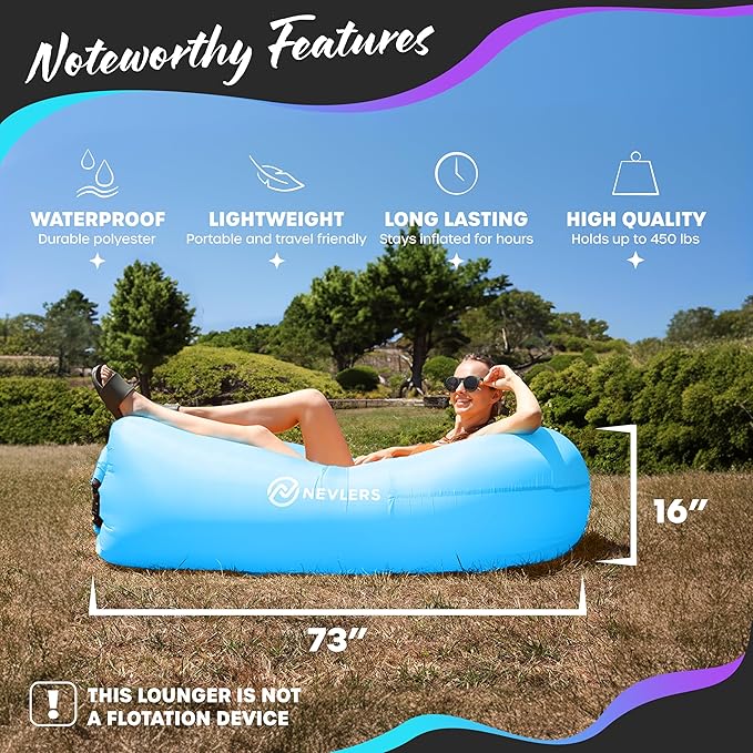 Nevlers Blue &amp Green Inflatable Couch 2 Pack | 210T Polyester Blow Up Couch | No-Pump Inflatable Chair Set | Sofa Bed Chair w/ 450 lbs. Capacity Pockets &amp Carry Bags for Use as Portable Hammo