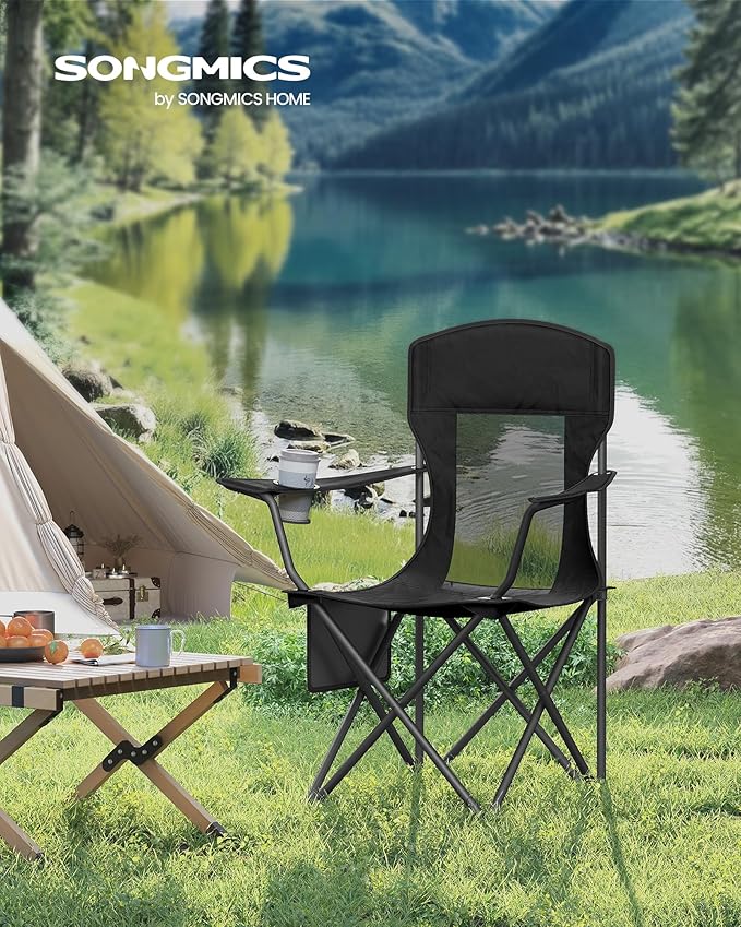 SONGMICS Breathable Camping Chairs Foldable Outdoor Chairs Set of 2 High Back Adjustable Armrests Drink Holder Weight Capacity 330 lb for Sports Garden Backyard Ink Black UGCB028B02