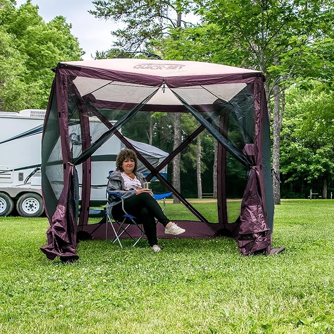 CLAM Pop-Up Screen Tent 6' x 6' Outdoor Camping Gazebo Portable 4-Sided Canopy with Ground Stakes &amp Carry Bag Traveler Plum