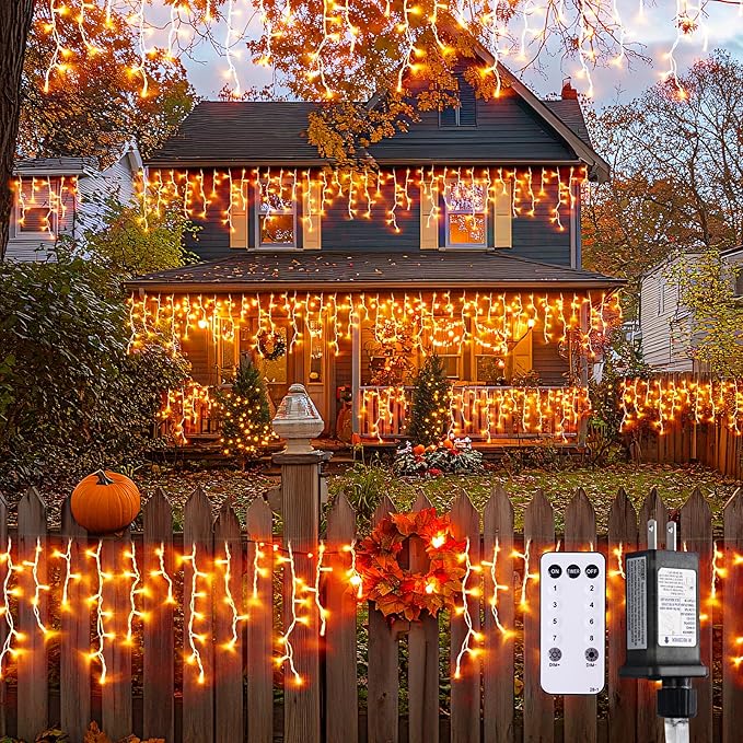 JMEXSUSS Orange Thanksgiving Lights Outdoor 38.8 FT 400 LED Orange Icicle Lights Outdoor Waterproof 8 Modes String Light Plug in for Fireplace Tree Garden Patio Thanksgiving Fall Halloween Decor