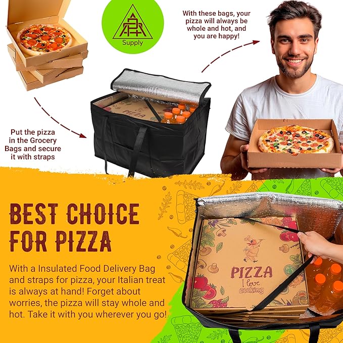 Black Insulated Food Delivery Bag. Insulated Grocery Bags with Zippered Top. Foldable Catering Bag for Food Deliveries. Heavy Duty Cold Bags for Groceries