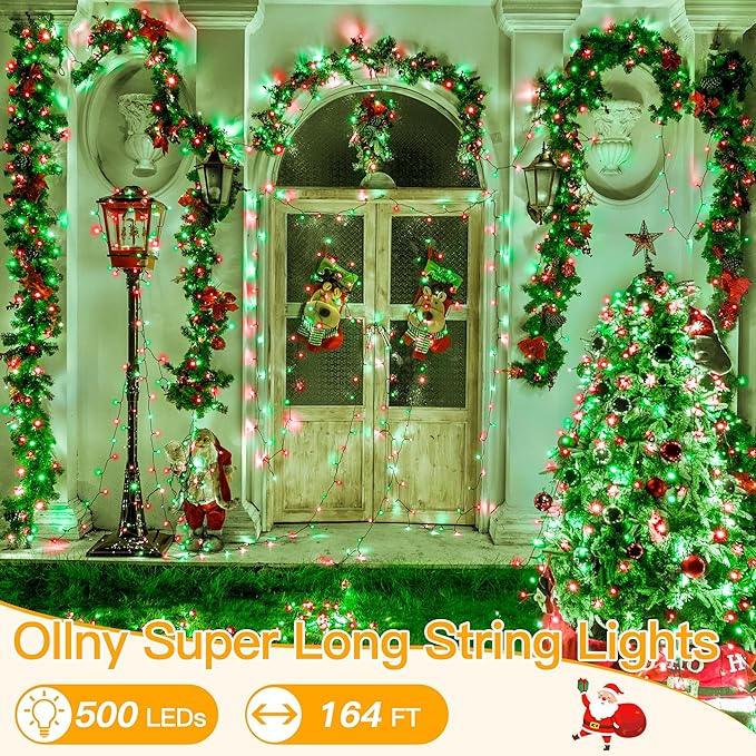 Ollny Christmas Lights 500LED 164FT Long Christmas Tree Lights with 8 Modes Remote Timer IP44 Waterproof Outdoor Christmas Lights for Tree House Yard Outside Xmas Decorations (Red+Green)
