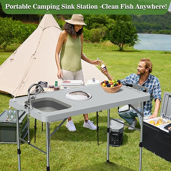 Foldable Fish Cleaning Table Portable Camping Table with Sink &amp Measurement Markers with Faucet &amp Spray Gun for Camping Patio Kitchen RV &amp Beach