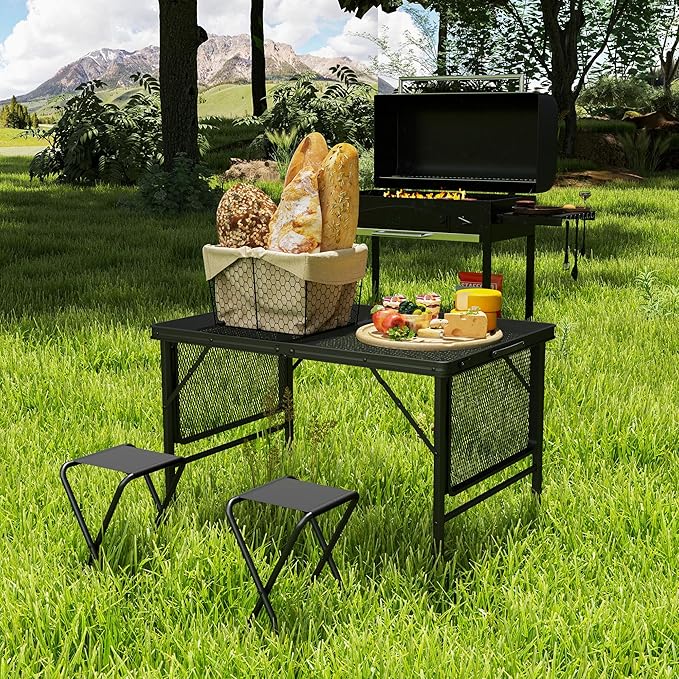 Outsunny Folding Grill Table 4.5 ft Portable Camping Table with 2 Wing Panels Height Adjustable Metal Outdoor Table with Mesh Desktop for Picnic Beach BBQ Party Black
