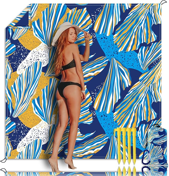 Beach Blanket Waterproof Sandproof Beach Mat Oversized 79 X 83 Inch for 4-6 Adults Lightweight Picnic Blanket Portable Picnic Mat for Outdoor Travel Camping Hiking with 4 Stakes &amp 4 Corner Pock