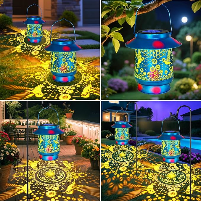 Hummingbird Solar Lanterns Outdoor Waterproof Brim Garden Decor Birthday Gifts for Women Mom GrandmaBlue Spray Paint Metal Hanging Solar Lights Outside Decorative for Yard Patio Backyard