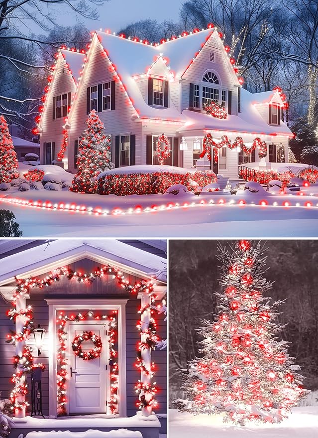 Outdoor Christmas Lights 100 Ft LED Commercial String Lights With Red and Pure White Strawberry C9 Bulbs Waterproof Connectable UL Certified for Indoor Home Yard Xmas Tree Decor