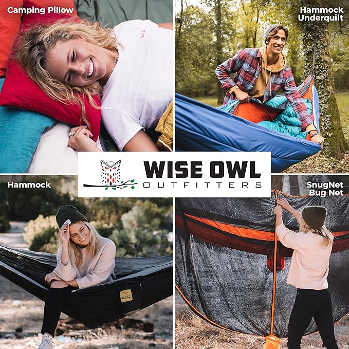 Wise Owl Outfitters Camping Hammock – 500lbs Portable Hammock with Tree Straps - Travel Backpacking Hiking Outdoors Camping Gear - Single or Double