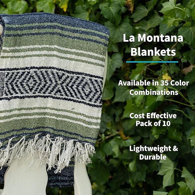 La Montana Mexican Blankets and Throws 4 Pack 74x50 - Made in Mexico Lightweight Yoga Blanket for Schools Studios Outdoors Camping Picnic Decor - Washable Light Olive/Slate Blue/White