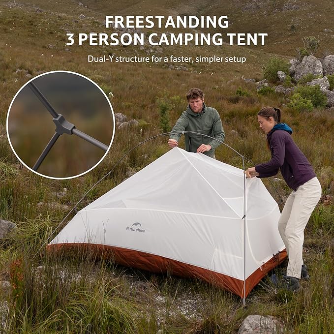Naturehike Cloud Up 3 Person Backpacking Tent with Footprint - 3 Season Free Standing Lightweight 3 Person Camping Tent | with Footprint Free Standing Dome Camping Hiking Waterproof