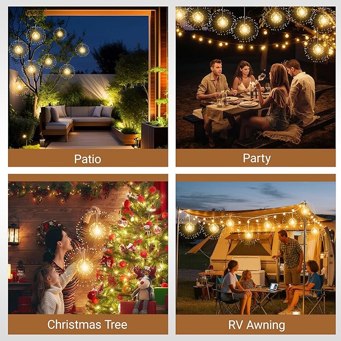 WIND STAR Firework Lights Hanging 480 LED Rechargeable Starburst Fairy String Lights for Patio Backyard Bedroom Party Wedding Decor 2 Pack