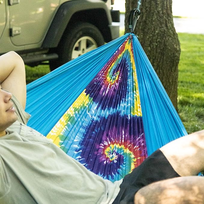 Castaway Travel Hammocks Double Tie Dye Camping Hammock with 2 Tree Straps Triple Stitched Durable Nylon Material Compact Design for Backpacking Travel Beach Backyard Patio Hiking