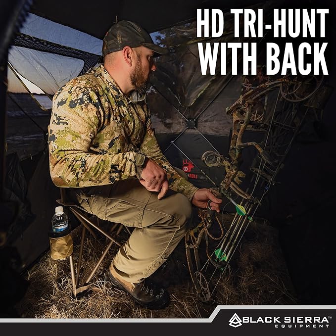 Black Sierra HD Tri-Hunt with Back Hunting Stool Foldable Tripod Seat w/Steel Frame Supports 300-lb Heavy Duty Fishing Chair Features Cup-Holder &amp Carry Shoulder Strap for Camping