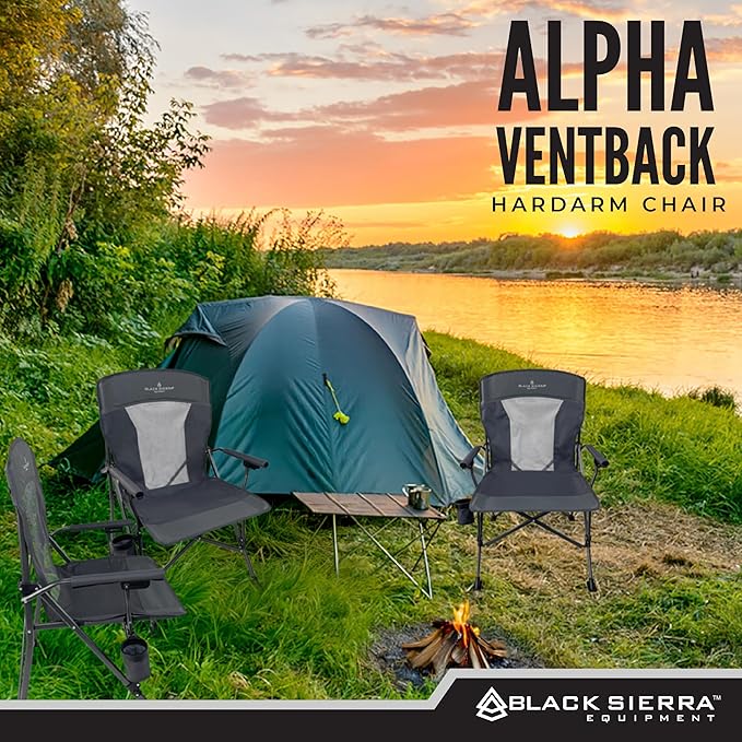 Black Sierra Camping Chair – Folding Portable Lawn &amp Beach Chair with Padded Hard Armrest Mesh Vented Back Spacious Cup Holder Carry Bag – Supports 300 lbs for Sports