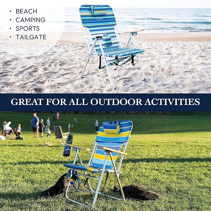 CARIBBEAN JOE Folding Beach Chair 4 Position Portable Backpack Foldable Camping Chair with Headrest Cup Holder and Wooden Armrests