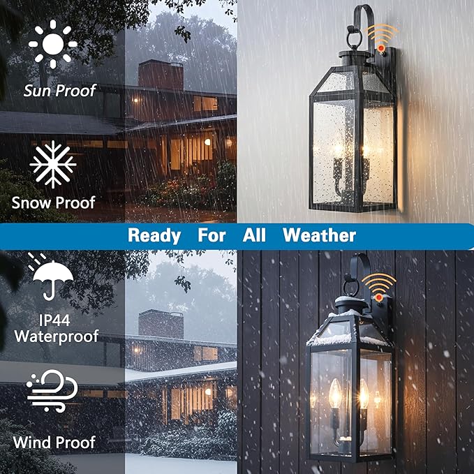 20 Dusk to Dawn Outdoor Wall Light with Sensor - Waterproof Exterior Wall Sconce for Porch Patio Garage Front Door Balcony Entry Modern Hardwired Lantern in Black Metal &amp Glass 2 Light - 2 P