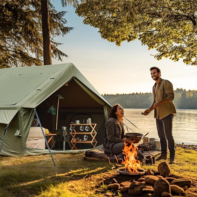 2026 Upgraded Inflatable Tents for Camping 6-8 Person Blow Up Tent with TPU Skylight Mesh Windows Stove Jack &amp Pump Easy Setup 4 Season Large Inflatable Tent Waterproof &amp Windproof