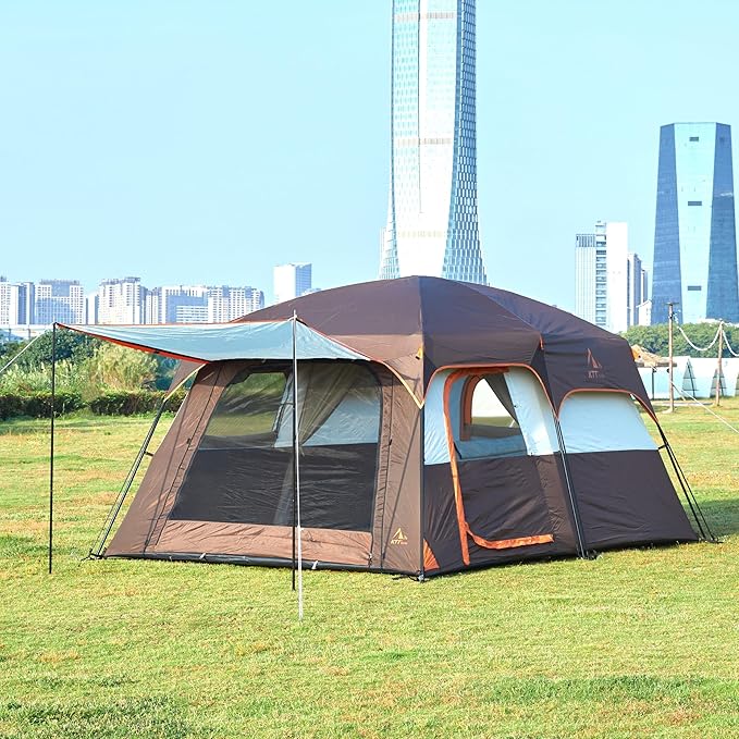 KTT Large Tent 8-10-12 PersonFamily Cabin Tents2 Rooms2 Doors and 4 Windows with MeshStraight WallWaterproofDouble LayerBig Tents for OutdoorPicnicCampingFamily Gathering