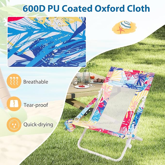 Giantex 2-Pack Folding Beach Chair Low Lawn Chairs with Padded Head Pillow Mesh Back Cup Holder and Armrests Portable Outdoor Lounge Chair for Camping Sunbathing Picnic Fishing