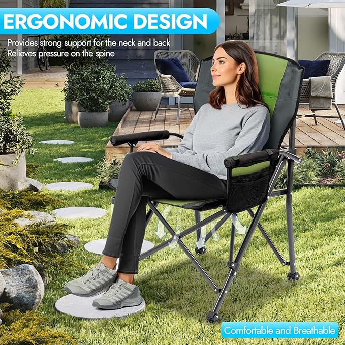 2 Pack Oversized Folding Camping Chair for Adults Supports 450 LBS Camping Chairs Heavy Duty Camping Chair with Side Pockets Foldable Outdoor Chair for Camping Beach Fishing Hiking Green-Black