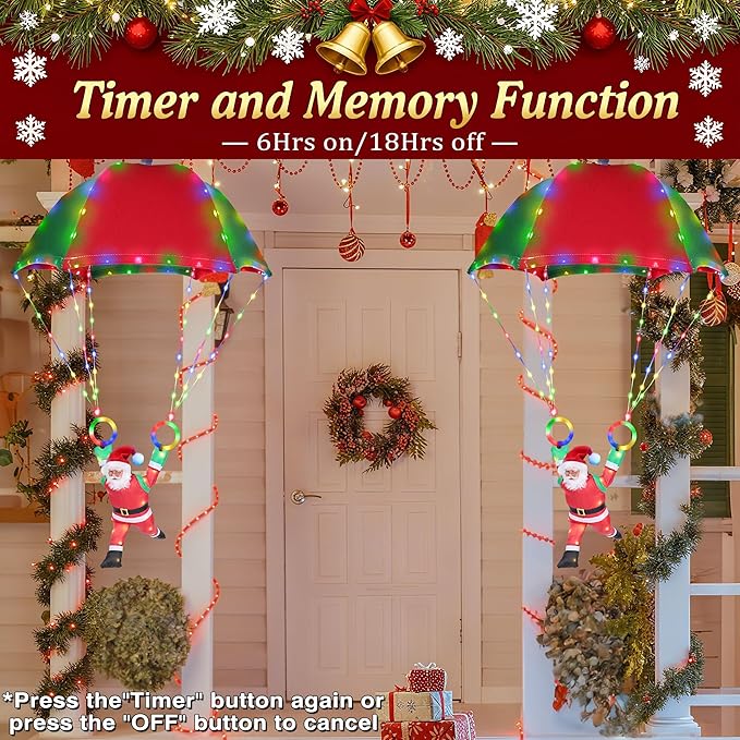 Toodour LED Christmas Lights 2.8ft x 1.8ft Foldable Parachute Lights with Santa Claus 8 Mode Remote Waterproof Battery Powered Multicolor Holiday Decorative Light for Indoor Outdoor Xmas Decor