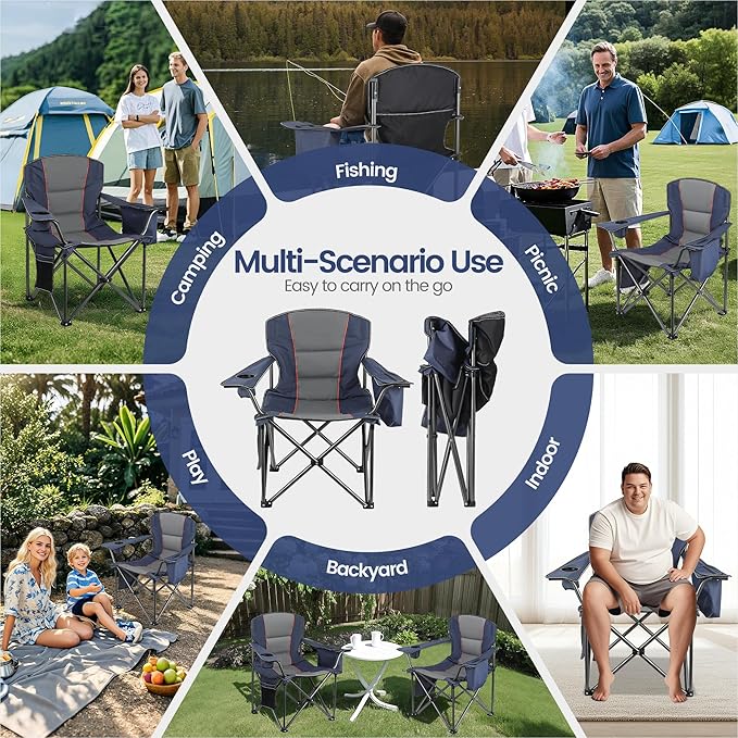 2 Pack Heavy Duty Oversized Camping Chair for Adults 400lbs w/Lumbar Support - Folding Chairs with Side Pocket Cup Holder &amp Cooler Bag for Beach Fishing Lawn Backyard Navy Blue