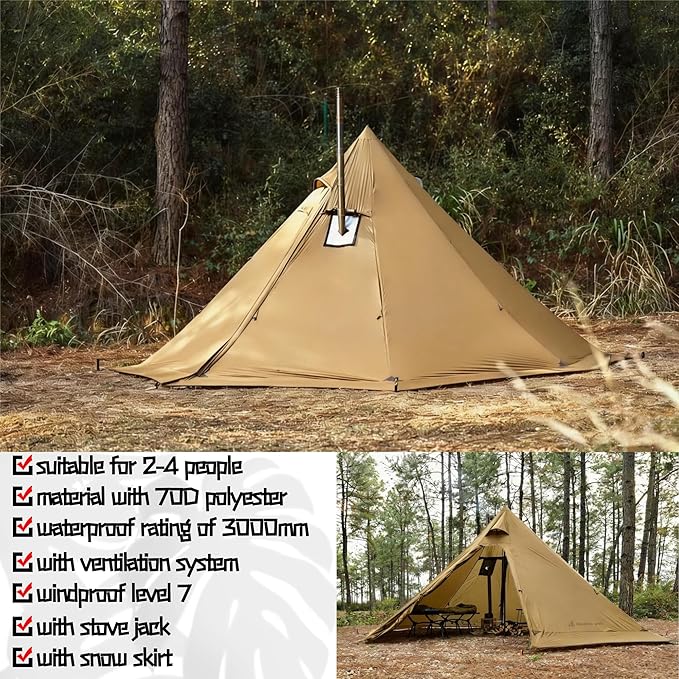 Hot Tent with Stove Jack &amp Snow Skirt 4-Season 3-4 Person 4.8lb Waterproof &amp Windproof Ideal for Camping Backpacking Hiking Hunting and Fishing Polyester Brown